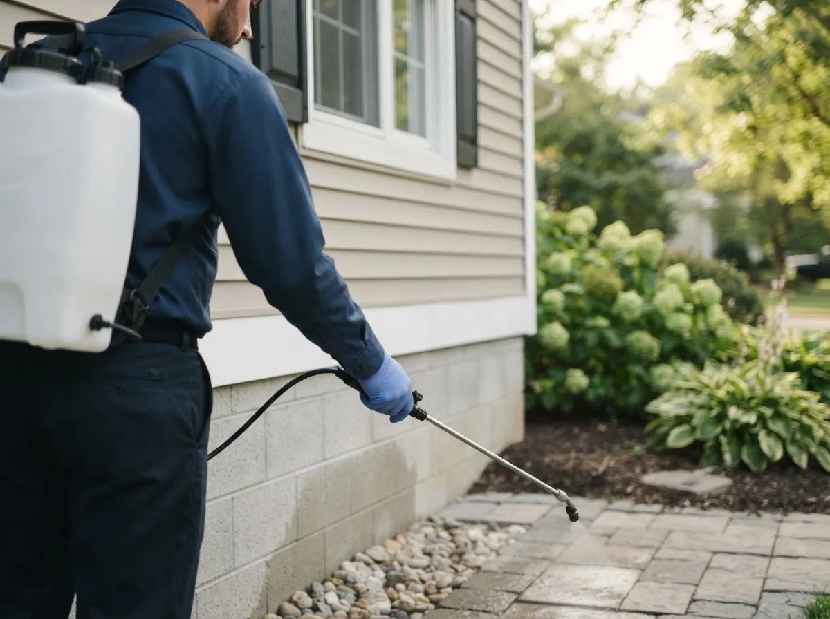 Pest control technician inspecting a home in Goshen, MA